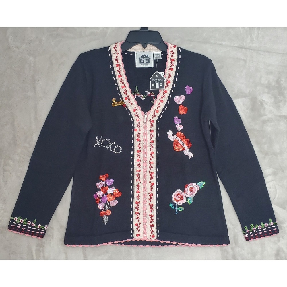 Vtg Storybook Knits Sweater Size S Valentines Way To My Heart Floral Sequins NWT